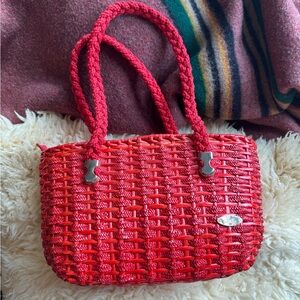 Vintage Italian Wicker Bag Gabriella Red Woven Tote Bag Braided Handles